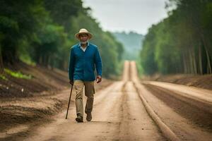 ein alt Mann Gehen Nieder ein Schmutz Straße. KI-generiert foto