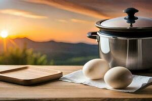 Eier auf ein Tabelle mit ein Topf und Pfanne. KI-generiert foto