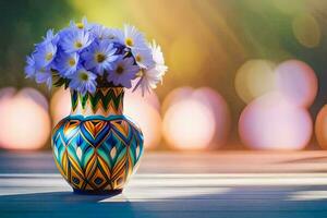 ein Vase mit Blau und Weiß Blumen auf ein Tisch. KI-generiert foto