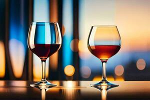 zwei Wein Brille mit rot und Weiß Wein auf ein Tisch. KI-generiert foto