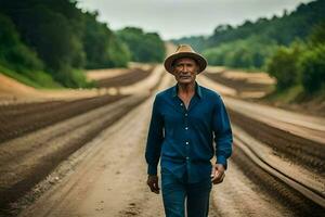 ein Mann im ein Hut Spaziergänge Nieder ein Schmutz Straße. KI-generiert foto