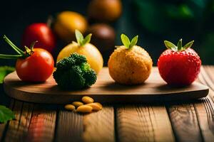 ein hölzern Schneiden Tafel mit anders Früchte und Gemüse. KI-generiert foto