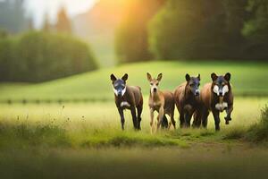 vier Pferde Laufen im ein Feld mit das Sonne im das Hintergrund. KI-generiert foto