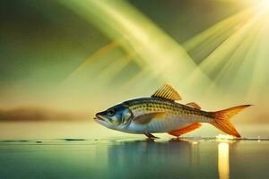 ein Fisch ist Stehen auf das Wasser mit das Sonne leuchtenden. KI-generiert foto