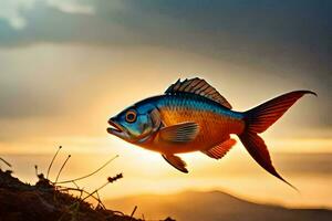 ein Fisch ist Springen aus von das Wasser beim Sonnenuntergang. KI-generiert foto