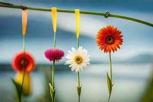 bunt Blumen hängend von ein Schnur. KI-generiert foto