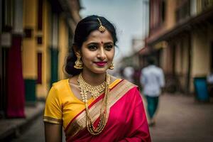 ein Frau im ein traditionell Sari im Indien. KI-generiert foto
