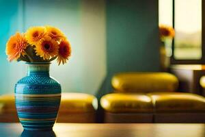 ein Vase mit Blumen Sitzung auf ein Tabelle im Vorderseite von ein Fenster. KI-generiert foto