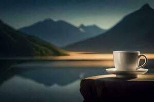 Kaffee Tasse auf das Kante von ein See, Berge, Natur, hd Hintergrund. KI-generiert foto