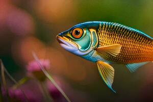 ein bunt Fisch mit ein groß Kopf und ein lange Schwanz. KI-generiert foto