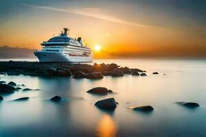 ein Kreuzfahrt Schiff im das Ozean beim Sonnenuntergang. KI-generiert foto