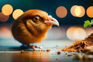 ein Vogel ist Stehen auf das Boden mit ein Pflanze. KI-generiert foto