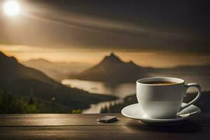 ein Tasse von Kaffee auf ein hölzern Tabelle mit ein Aussicht von Berge. KI-generiert foto