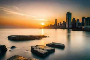 das Chicago Horizont beim Sonnenuntergang. KI-generiert foto