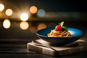 Pasta im ein Blau Schüssel mit ein Erdbeere auf oben. KI-generiert foto