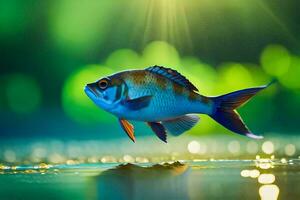 ein Fisch ist Stehen auf das Wasser mit Sonnenlicht leuchtenden. KI-generiert foto