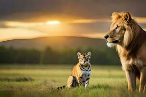 ein Löwe und ein Tiger im das Mitte von ein Feld. KI-generiert foto