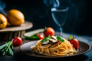 Spaghetti mit Fleisch und Tomaten auf ein Platte. KI-generiert foto