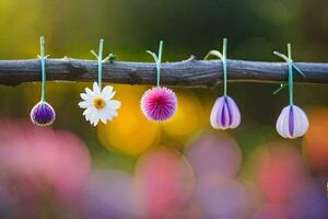 vier Blumen hängend von ein Ast. KI-generiert foto