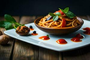 Spaghetti mit Tomate Soße und Basilikum Blätter auf ein Platte. KI-generiert foto