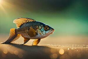 ein Fisch ist Gehen auf das Sand mit das Sonne leuchtenden. KI-generiert foto