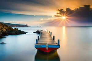 ein Boot Seebrücke im das Ozean beim Sonnenuntergang. KI-generiert foto