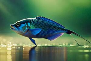 ein Fisch mit Blau und Grün Flossen auf ein Grün Hintergrund. KI-generiert foto