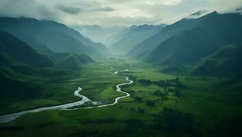 Landschaft mit ein Fluss im das Berge ai generiert foto