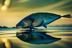 ein Fisch ist reflektiert im das Wasser beim Sonnenuntergang. KI-generiert foto