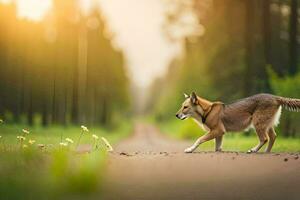 ein Hund Gehen auf ein Straße im das Mitte von ein Wald. KI-generiert foto