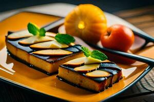 zwei Scheiben von Kuchen mit Obst auf ein Gelb Platte. KI-generiert foto