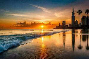 das Stadt Horizont ist reflektiert im das Wasser beim Sonnenuntergang. KI-generiert foto