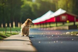 ein Hund Sitzung auf das Seite von ein Straße in der Nähe von ein rot Zelt. KI-generiert foto