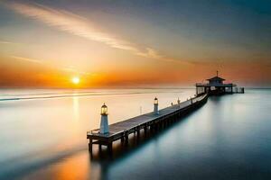 ein Seebrücke mit ein Leuchtturm beim Sonnenuntergang. KI-generiert foto