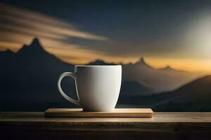 Kaffee Tasse auf ein hölzern Tabelle mit Berge im das Hintergrund. KI-generiert foto