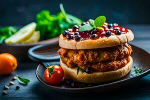 ein Hähnchen Sandwich mit Blaubeeren und Tomaten. KI-generiert foto