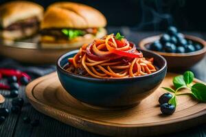 Spaghetti mit Fleischklößchen und Blaubeeren auf ein hölzern Tisch. KI-generiert foto