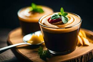 zwei Brille von Schokolade Pudding mit ein Löffel. KI-generiert foto