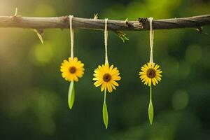 drei Sonnenblumen hängend von ein Ast. KI-generiert foto