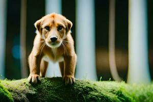 ein braun Hund Stehen auf oben von ein Felsen. KI-generiert foto