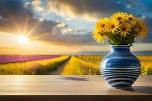 Sonnenblumen im ein Blau Vase auf ein Tabelle im Vorderseite von ein Feld. KI-generiert foto