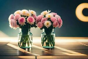 zwei Vasen mit Rosa Blumen auf ein hölzern Tisch. KI-generiert foto