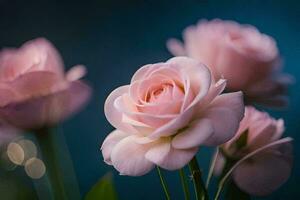 Rosa Rosen sind im blühen gegen ein Blau Hintergrund. KI-generiert foto