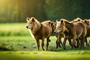 ein Herde von Pferde Laufen durch ein Feld. KI-generiert foto