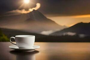 ein Tasse von Kaffee auf ein Tabelle im Vorderseite von ein Berg Bereich. KI-generiert foto