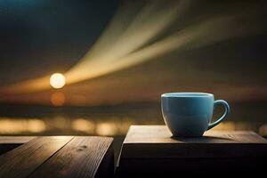 Kaffee Tasse auf hölzern Tabelle mit Licht leuchtenden im das Hintergrund. KI-generiert foto