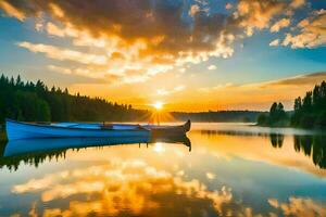 das Boot ist auf das See beim Sonnenuntergang. KI-generiert foto