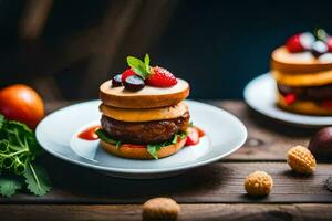 zwei Hamburger auf Weiß Platten mit Beeren und Nüsse. KI-generiert foto