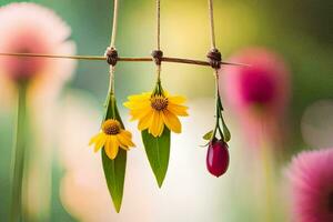 drei Blumen hängend von ein Schnur. KI-generiert foto