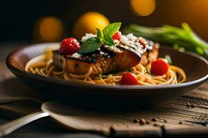 ein Teller von Pasta mit Lachs und Tomaten. KI-generiert foto